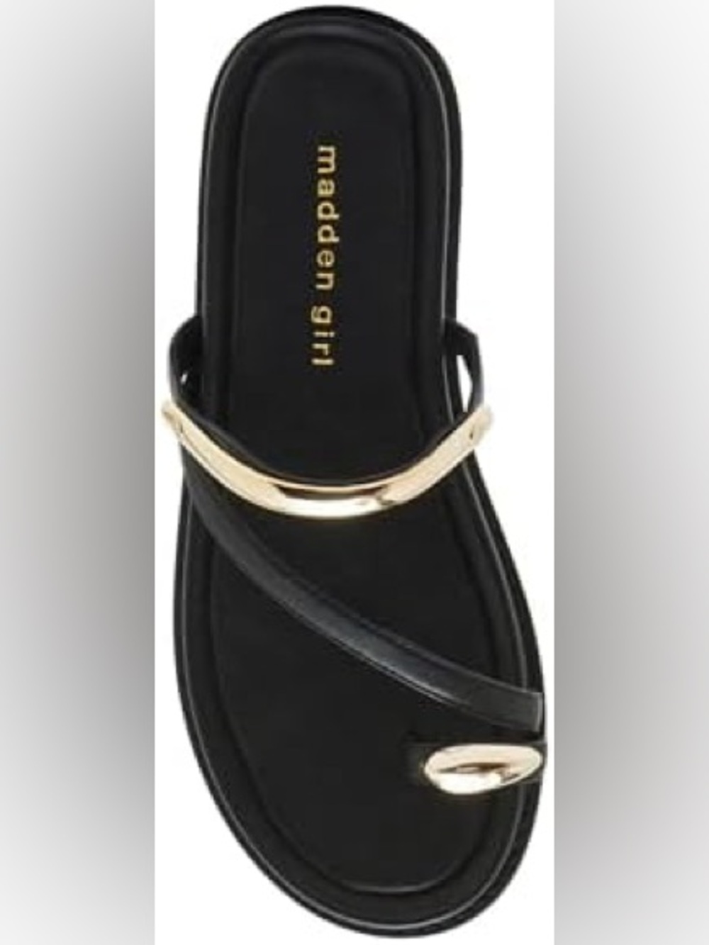 Madden Girl Caribbean Slide-On Black Sandals Toe Loop & Gold Hardware Sz 7.5 NEW - Picture 2 of 8